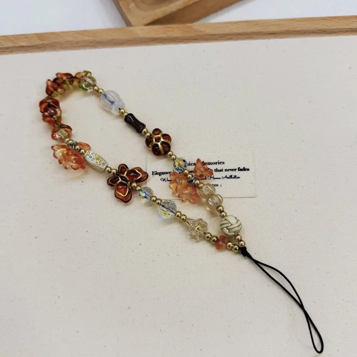 Vintage Brown Bellflower Phone Charm Lanyard Retro Beaded Butterfly Short Wrist Strap Bracelet for Women Bag CCD Camera Pendant