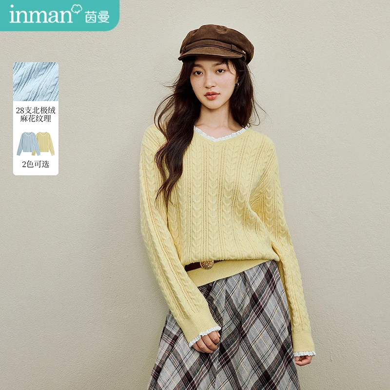 

Inman Women's 2025 Autumn New Pullover Knit Top - Sweet Lace-Trimmed Cable-Knit Arctic Fleece Sweater