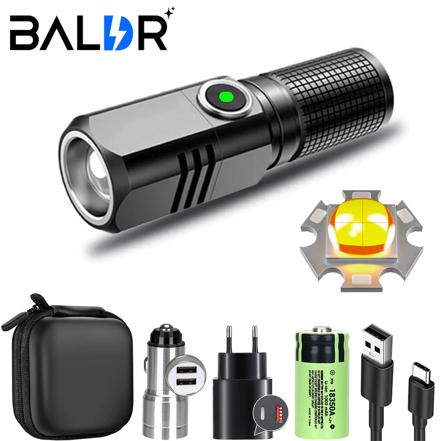 Mini Flashlight XHP50 LED USB C Rechargeable 16340 18650 Battery Flashlight 1500lm Powerful Torch Can Be Closed with One Click