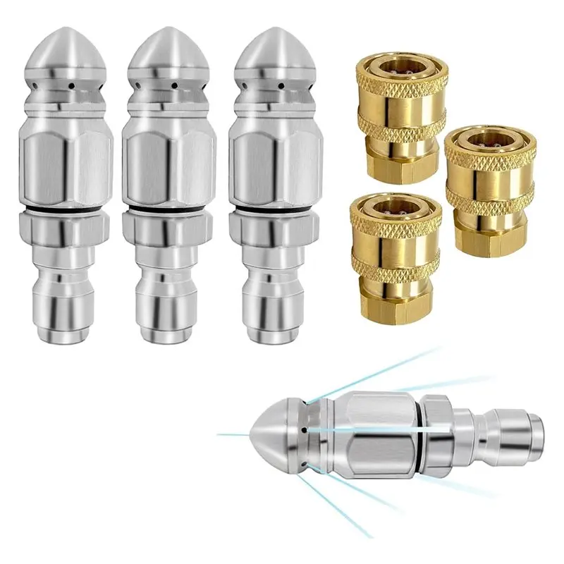 Stainless Steel Drain Cleaning Cleaner Nozzle Set, Pressure Washer Sewer Jetter Nozzle 6500 PSI, 1/4
