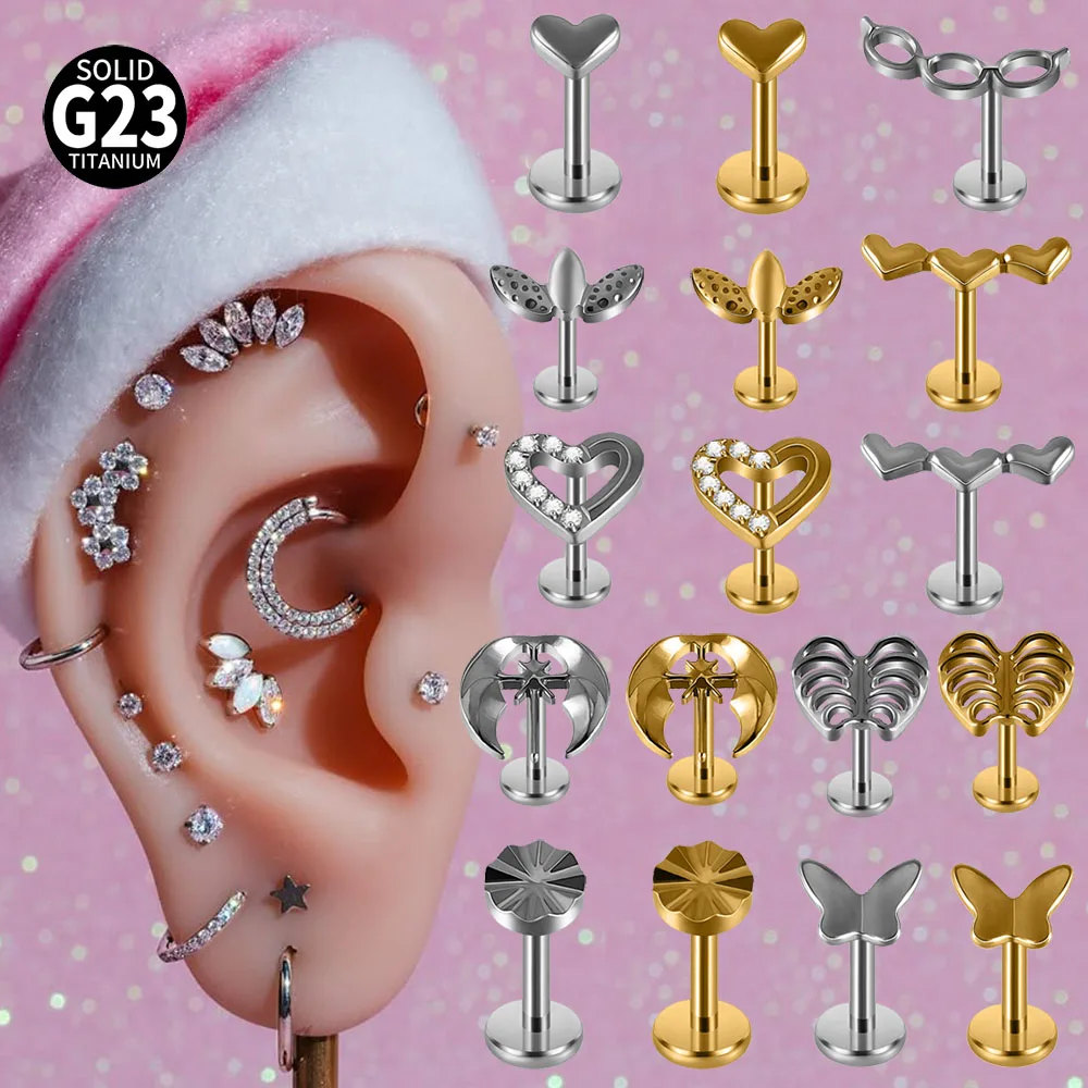 1PC  Ribs G23 Pure Titanium Lip Studs Internal Thread Heart Ear Helix Tragus Cartilage Earrings Body Piercing Jewelry 16G