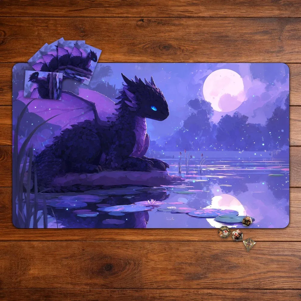 Purple Baby Dragon TCG Playmat Full Moon Lily Pond Firefly Night Fantasy Art Premium Rubber Large Gaming Desk Mat Cute Dragon