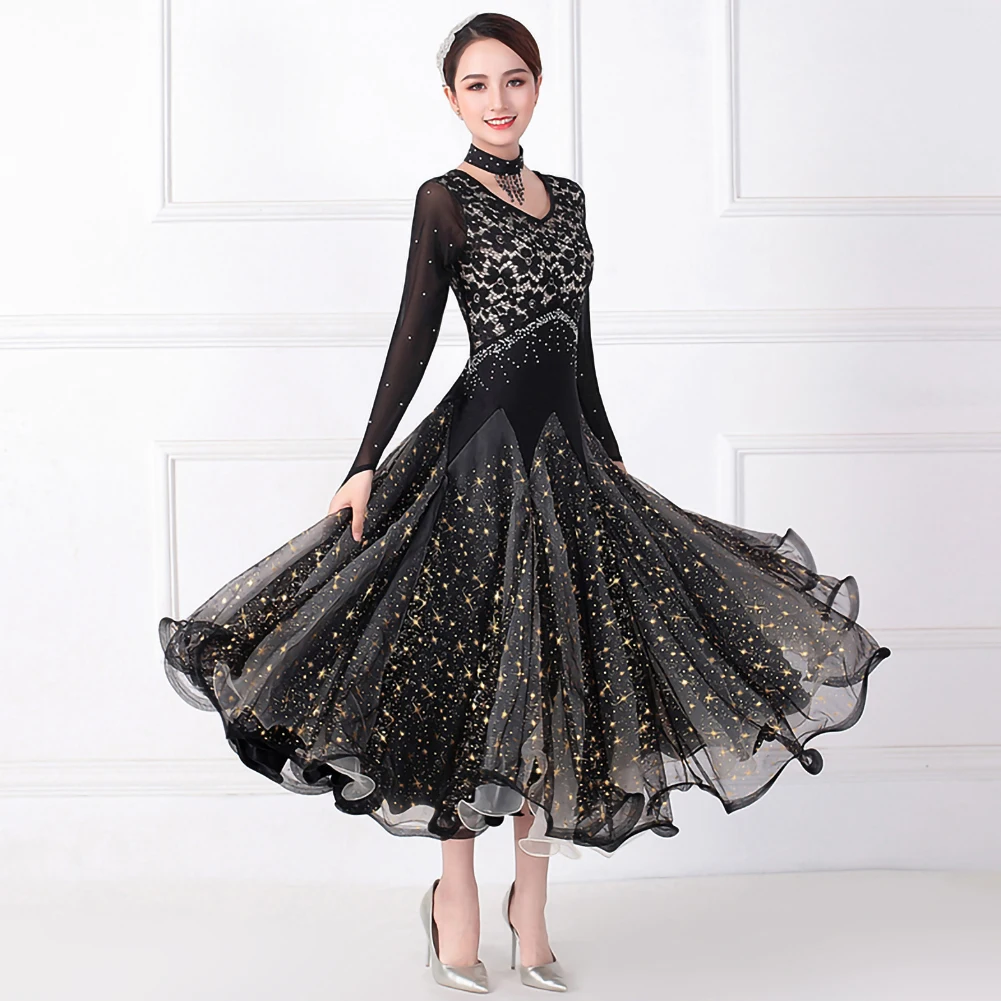 

Standard Dance Dress Woman Red Waltz Competition Suit Black Dance Clothes for Women Rhinestone Mesh Long Sleeve Ballroom Stage