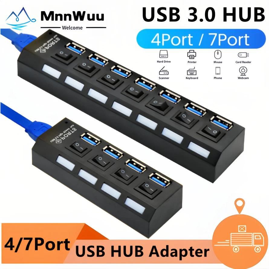 7-IN-1 USB HUB 3.0/2.0 USB Splitter 4/7 Port USB Adapter Hub With Independent Switch For PC Desktop Laptop Accessories USB HUB
