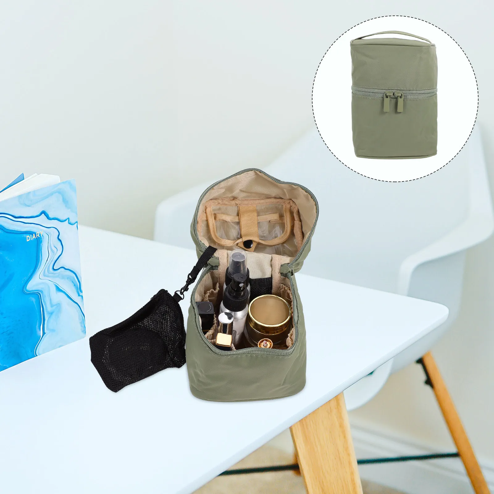 Travel Makeup Bag Large Capacity Bucket Style Waterproof Portable Cosmetics Case Detachable Mesh Storage Pouch Smooth Zipper