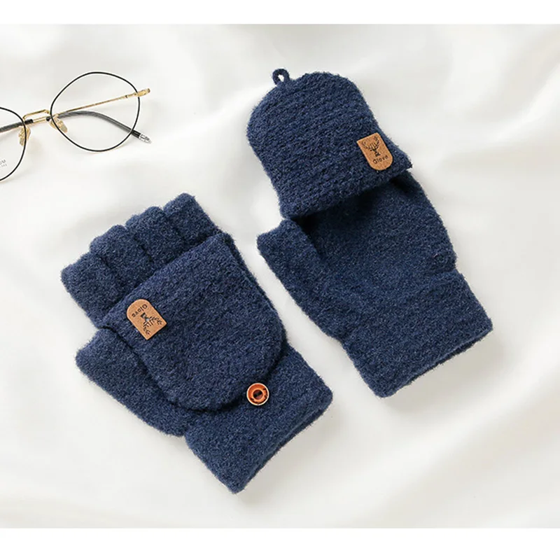 قفازات شتوية للرجال قفازات جاكار محبوكة سميكة دافئة مقاومة للرياح نصف إصبع على الطراز الكوري قفازات مكتب للكتابة