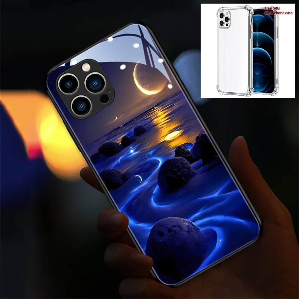 Free Gift Night Moon Beach Smart Voice Controlled LED Light Phone Case For iPhone 15 14 13 12 11 Pro Max XR XS 6 7 8 Plus SE2020