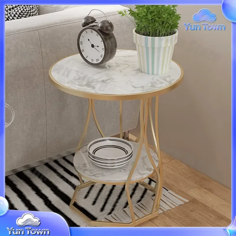 Nordic Marble Small Coffee Table for Home Living Room Bedroom Sofa Side Table Light Luxury Double-Layer Wrought Iron Small