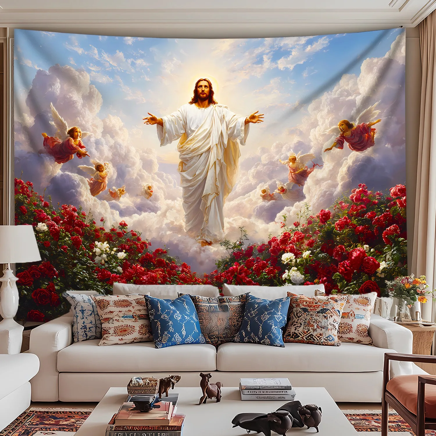 Jesus Christ Angels Tapestry Religious Christian Wall Art for Bedroom Living Room Dorm Decor, Aesthetic Clouds