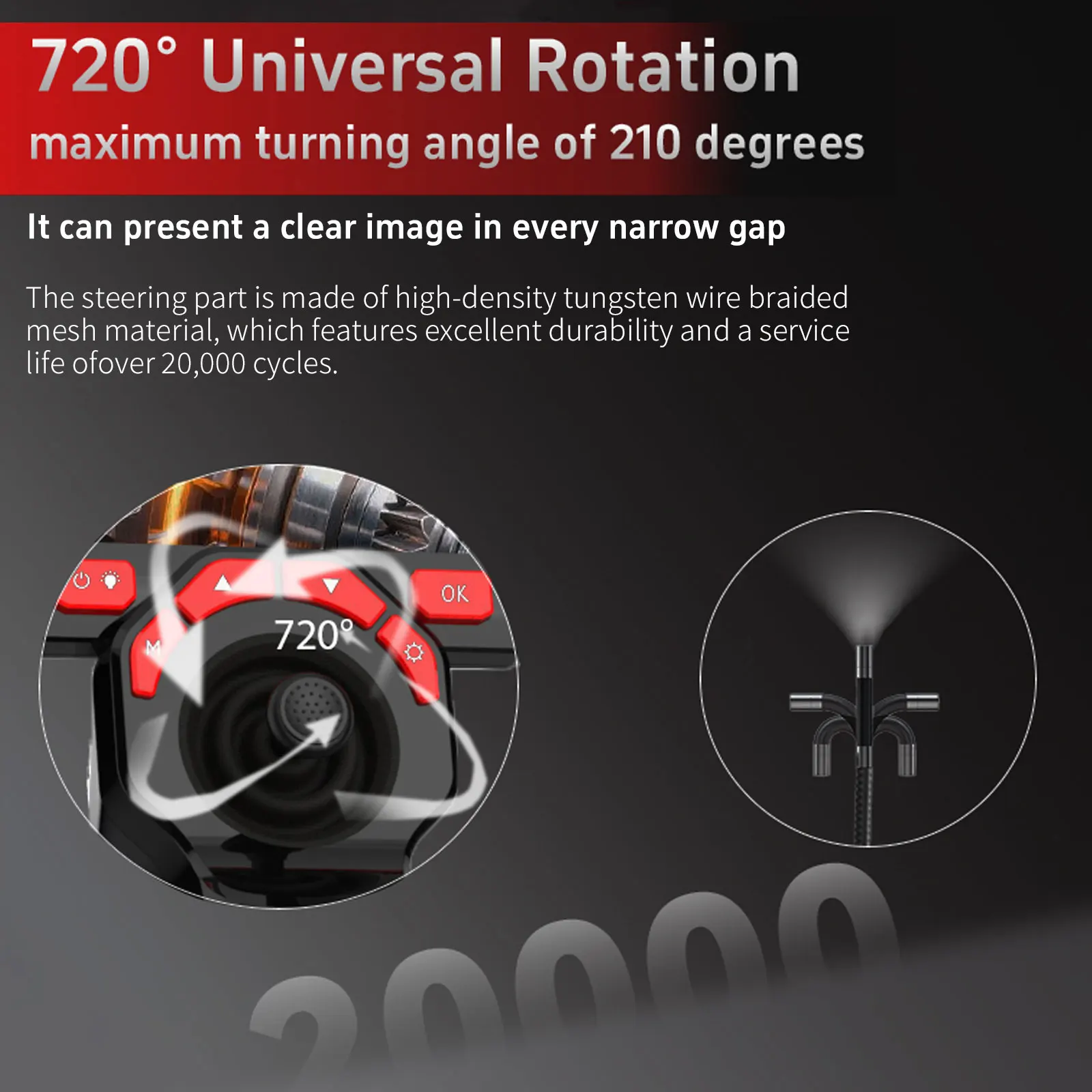 TT40 6.5MM Dual Lens Articulating Borescope 1080P 4.5 Inch IPS Four Way 720° Steering Endoscope Camera Aviation and Other