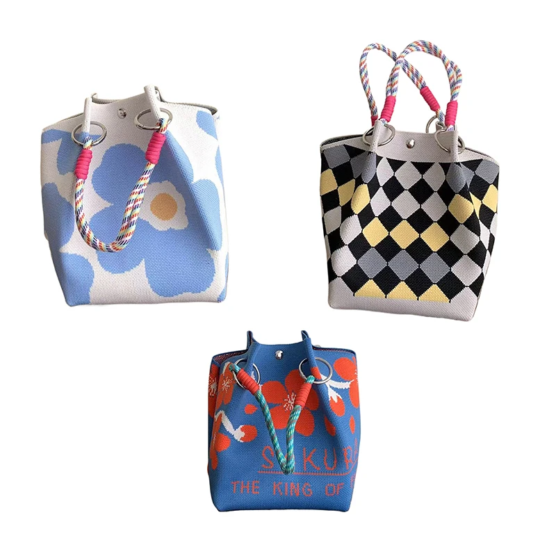 

Knitted Bucket Bag Women's Fashion Handbag Versatile Knitted Wrist Bag Shopping Handbag Cute Handbag
