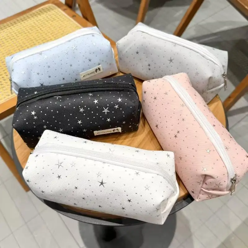 Hot Multicolor Star Print Canvas Pencil Case Multi-functional Portable Zippered Pen Pouch Large Capacity Portable Cosmetic Bag