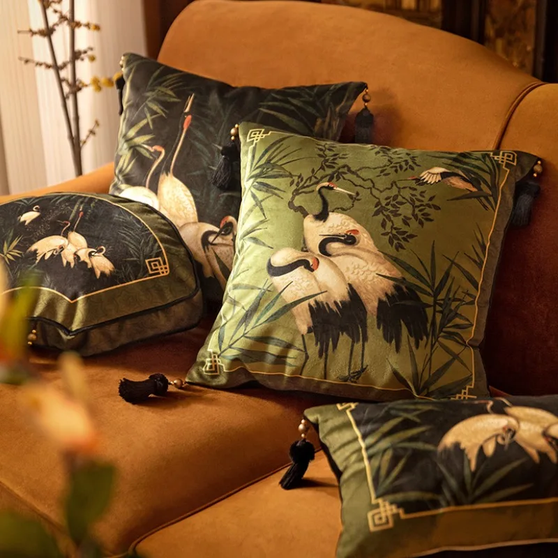 Chinese Crane Pillow Green Velvet Cushion Case Retro Decorative Pillow Cover For Sofa Chair Bedding Fan Cushion Home Decorations