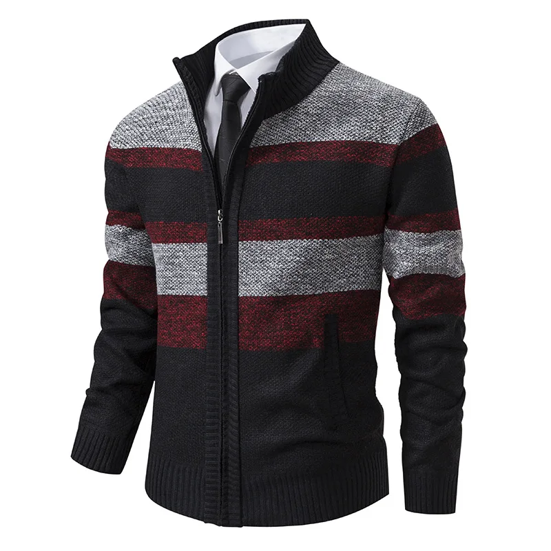 Autumn and winter men\'s cardigan jacket with plush and thick striped sweater for men\'s outerwear