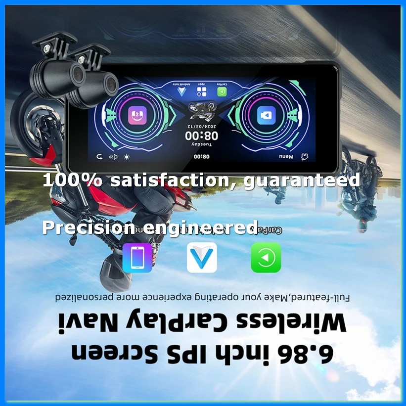 7 Inch Motorcycle Wireless Carplay & Android Auto Front Rear Camera Dual Bluetooth DVR GPS Navigation Display Screen B-A07G