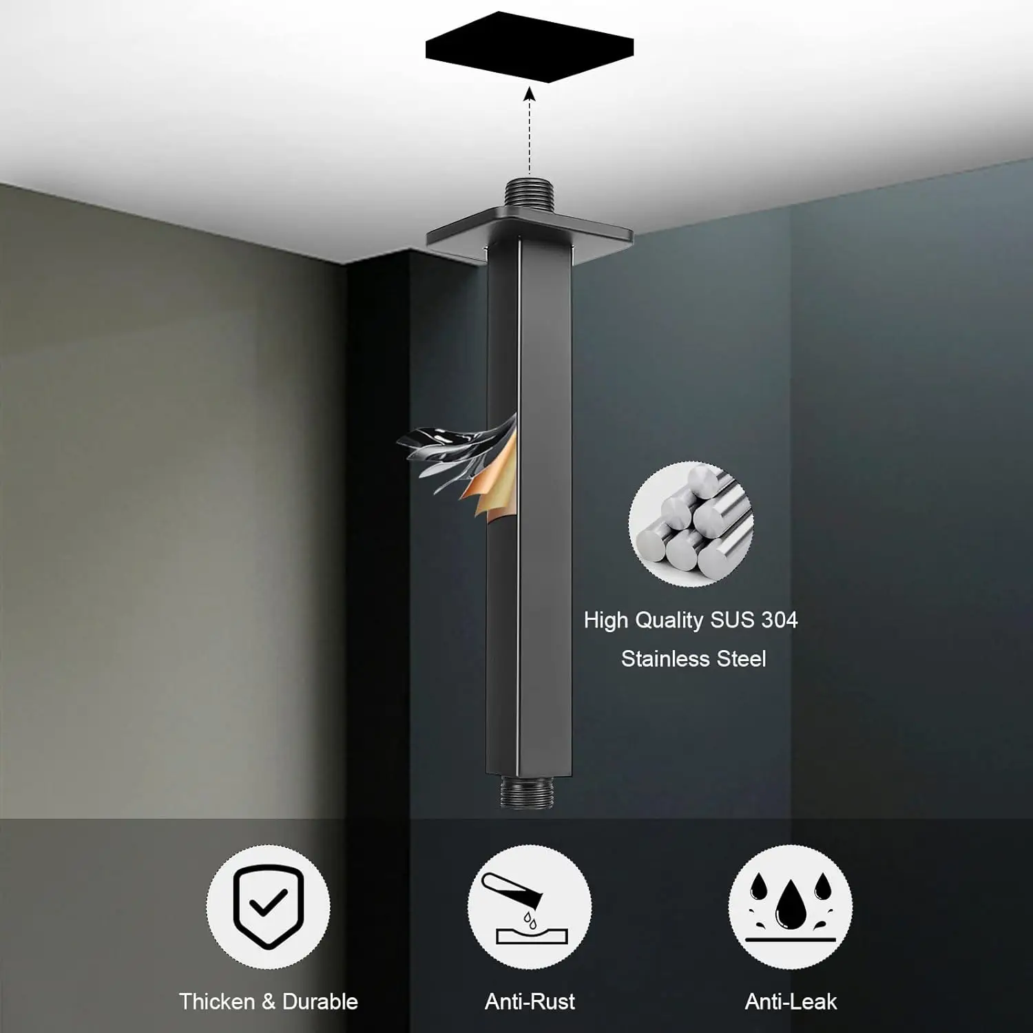 Bourdillat Ceiling Mounted Shower Arm, Rain Shower Head Square Extension Arm  Stainless Steel Ceiling Mount Shower Extender