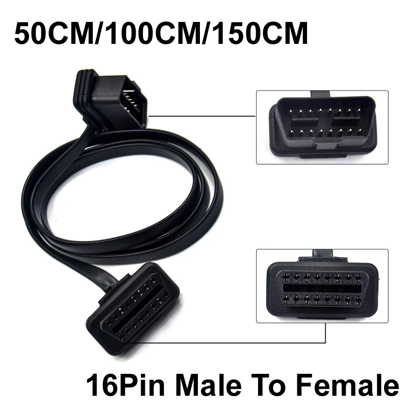

50/100/150CM Flat+Thin As Noodle 16 Pin Socket OBD OBDII OBD2 16Pin Extender Male To Female Car Scanner Extension Elbow Cable Ad