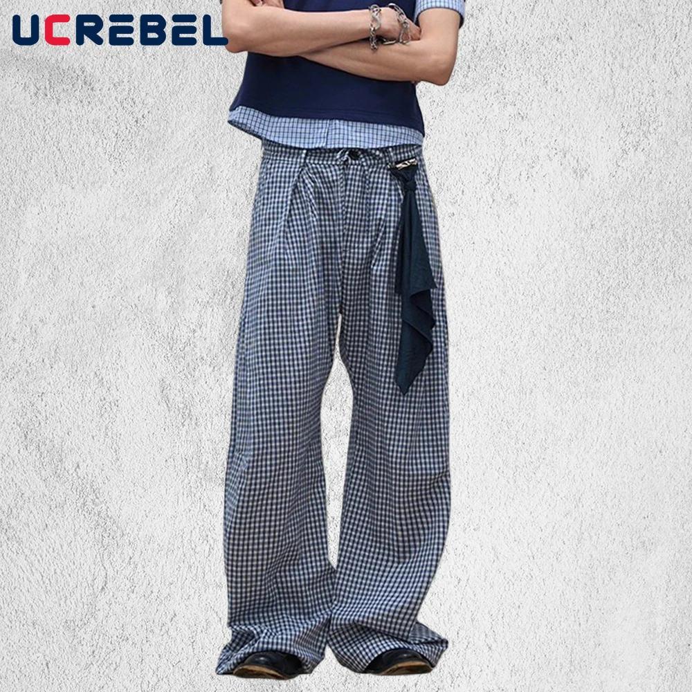 Plaid Casual Pants Mens Hip Hop Streetwear Straight Baggy Drawstring Elastic Waist Wide Leg Trousers Man