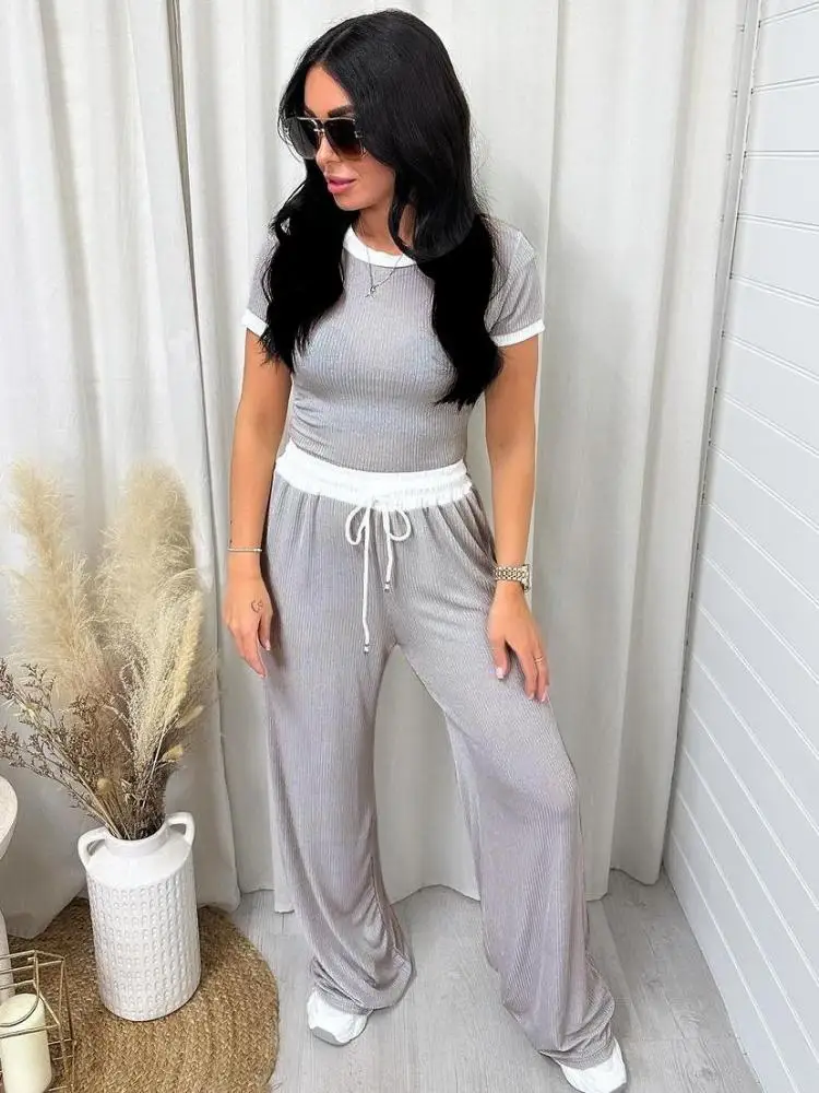 Spring and summer new round neck color short-sleeved women\'s fashion casual wide-leg pants sports suit