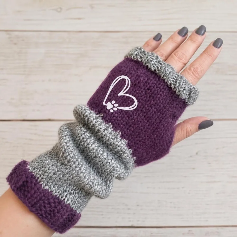 Elastic Cuffs Fingerless Gloves Trendy Heart Printed Gloves Sleeve Covers Thickened Paw Print Knitted Decorative Gloves Skiing