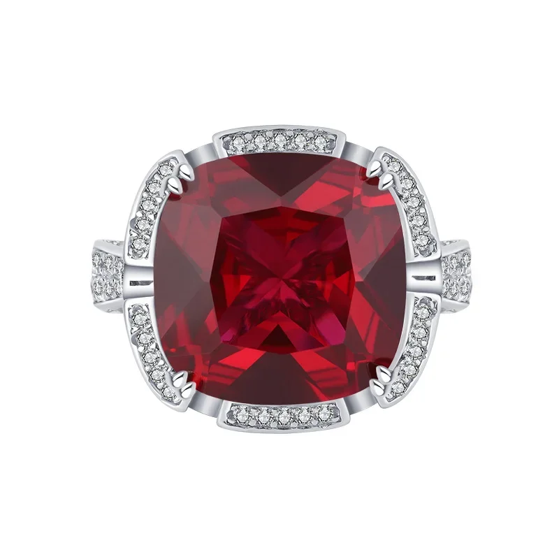 

S925 Silver Treasure Jade Red Treasure Luxury Set Closed Ring Main Stone 14 * 14 Jewelry Wedding Ring