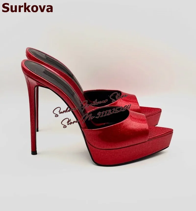 Surkova Burgundy Shiny Platform High Heel Mules Mirror Leather Pointed Toe Outside Modern Slippers Slip-On Dress Sandals Pumps
