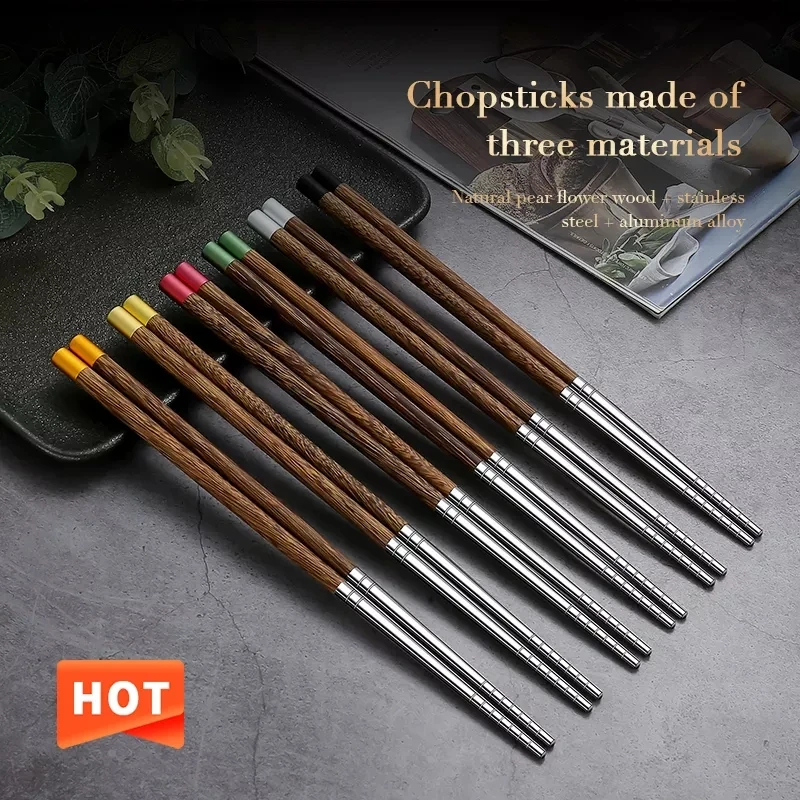 

Wood Handle Chopsticks Stainless Steel Chopstiacks Household Pointy Chinese Chopsticks Sushi Tableware Non-slip Chopsticks Set