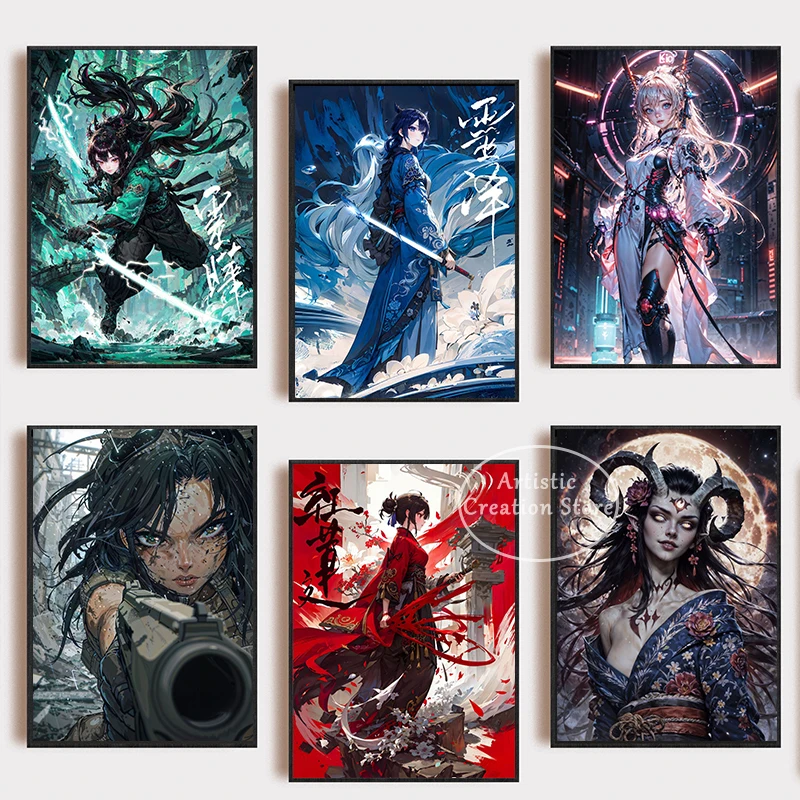 

Fantasy and Anime Girls Poster Japan Geisha Devil Tattoo Art Canvas Painting for Modern Living Room Wall Pictures Home Decor