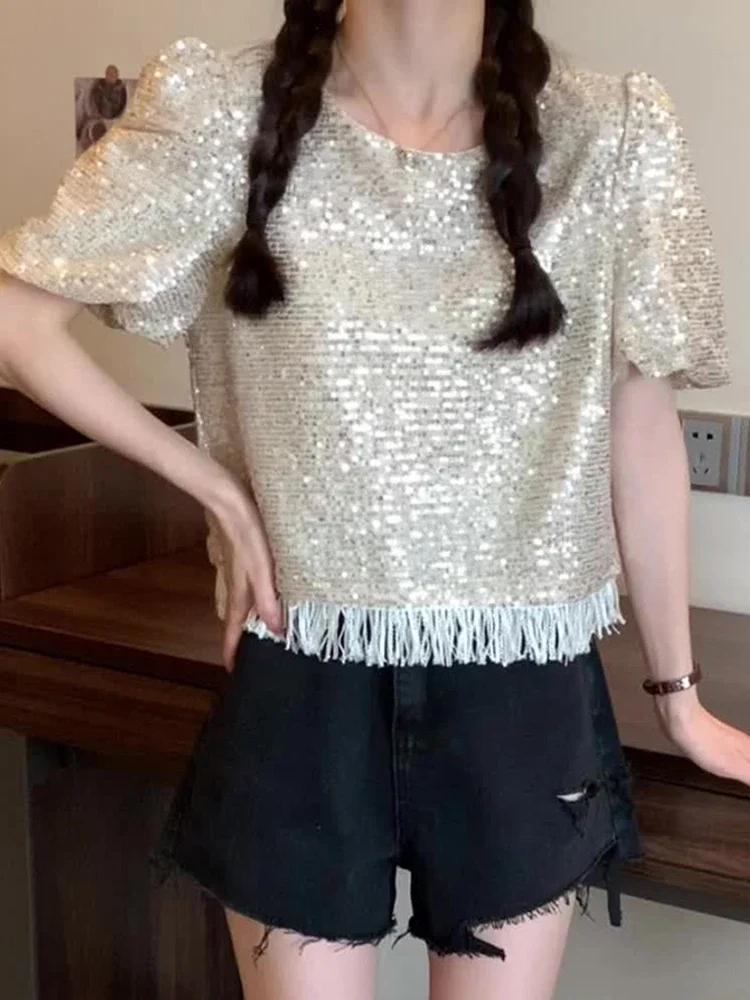 Womens Tops O-Neck Puff Sleeve Tassel Sequins Loose T Shirt Shiny Apricot French Slim Designer Top Female Fashion 2023