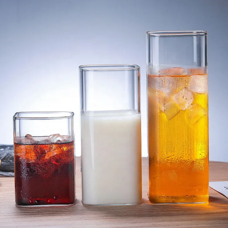 Square Simple Glass Cup Clear Cold Drink Juice Milk Glass Red Wine Beer Glass Coffee Cup Water Cup Drinking Utensils