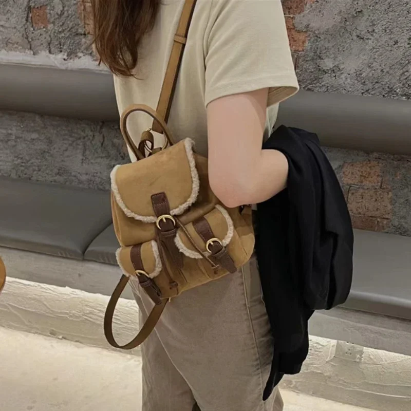 Vintage Patchwork Fluffy Pockets Backpack Casual Girls All Match Trendy Schoolbags Korean Streetwear  Backpacks for Women