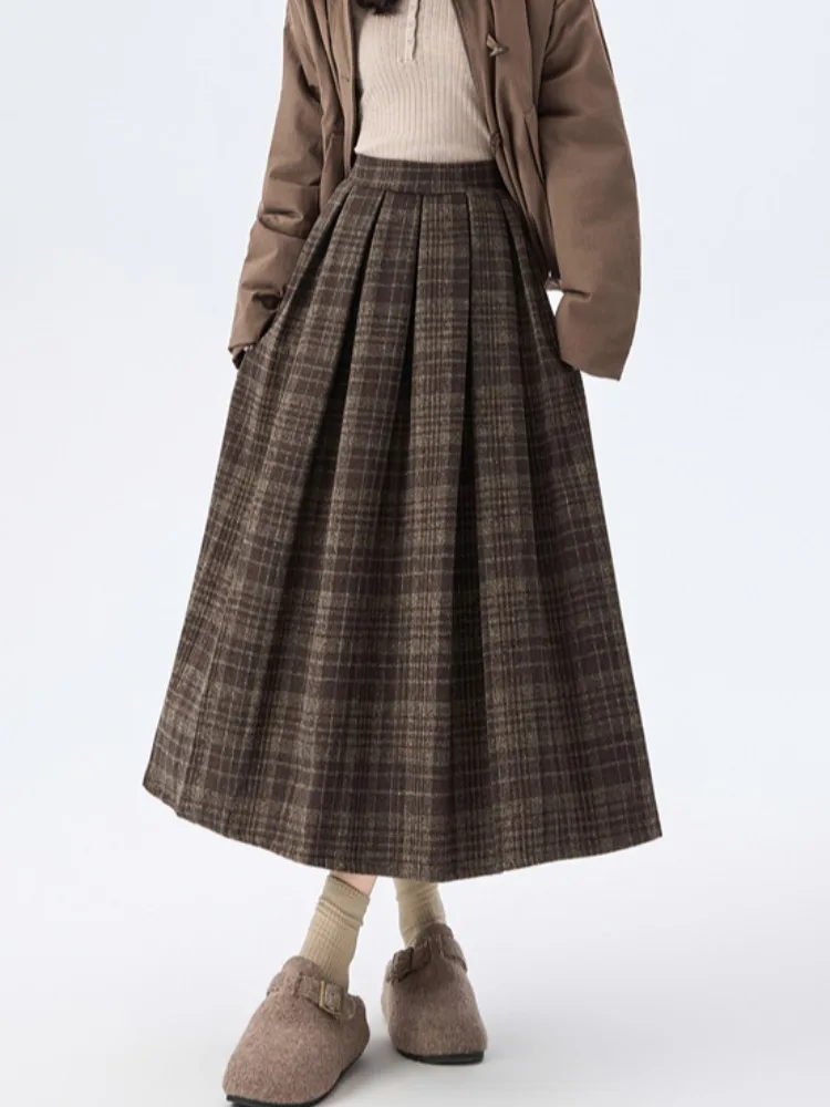 레트로 트위드 하이웨이스트 미디 스커트 여성용 겨울용 예술적 슬레 안티에이징 미디길이 A라인 스커트