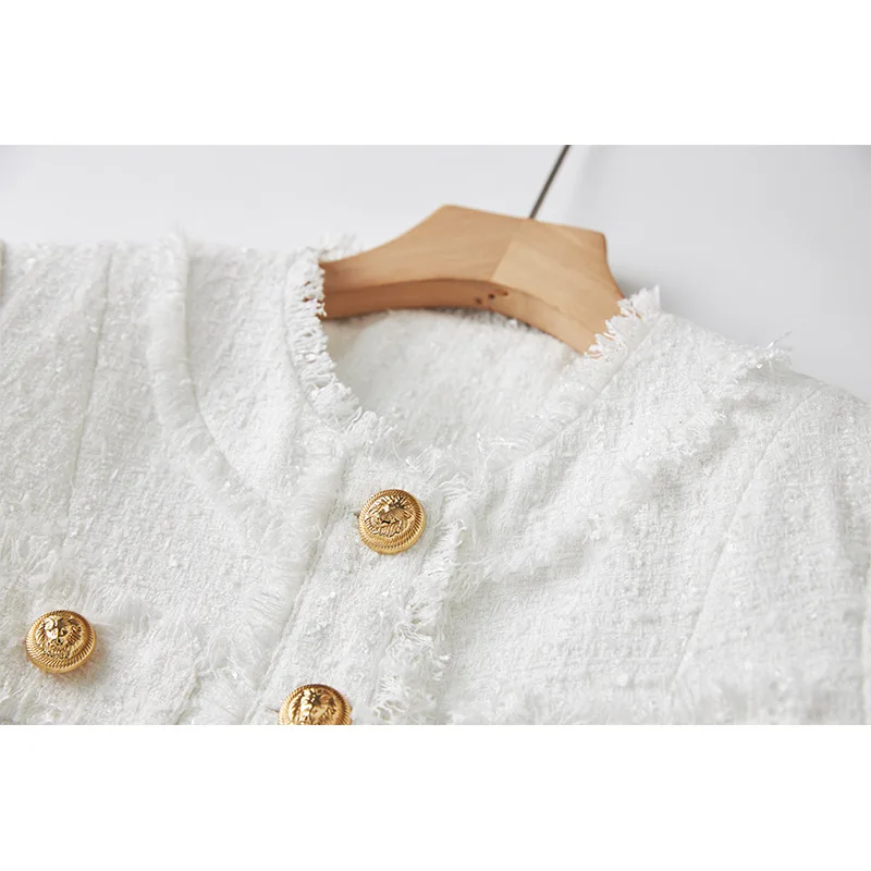 Spring new European and American socialite style woolen fringed cardigan crewneck small coat