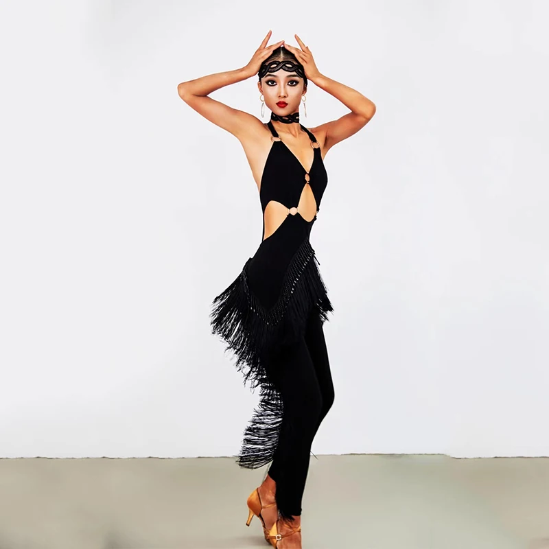 2022 New Fringed Latin Dance Pants Women Sexy Hollow One-Piece Tassel Pants Cha Cha Ballroom Dance Competition Clothing DNV17039