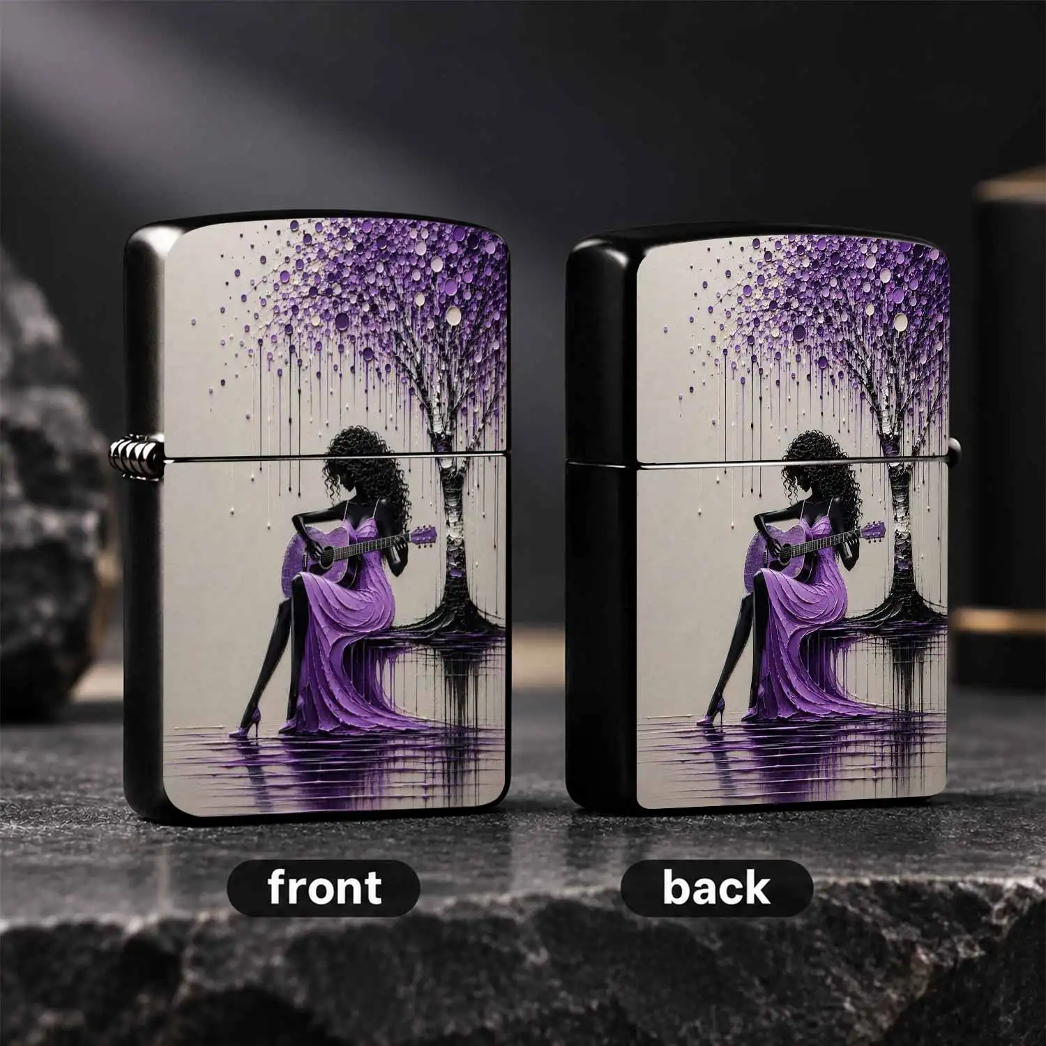 Textured Impasto Style Lighter With Artistic Pattern Of Lady Playing Guitar Under Purple Tree, Exquisite Creative Decor Accessory, Elegant Portable Ornament For Daily Use, Ideal Present For Various Occasions, Unique Artistic Aesthetic Daily