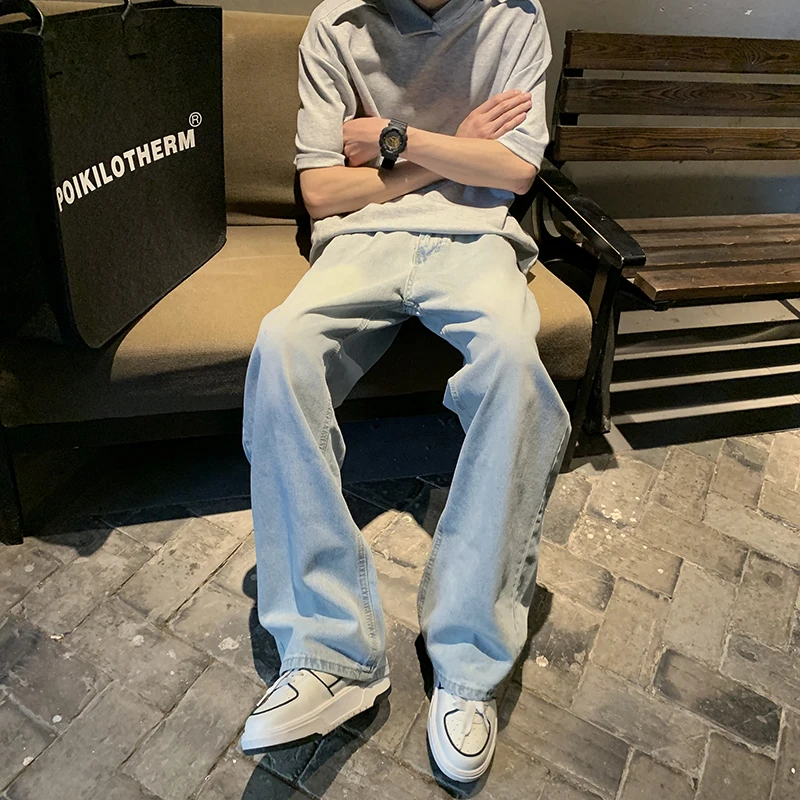 Autumn New Light Blue Casual Jeans Men Straight Soft Comfortable Trousers Youth Loose Solid Color Classic Denim Pants