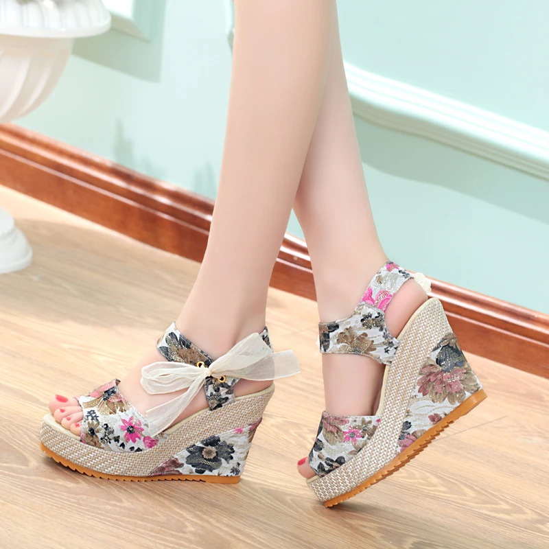 Women Sandals Dot Bowknot Design Platform Wedge Female Casual High Increas Shoes Ladies Fashion Ankle Strap Open Toe Sandals