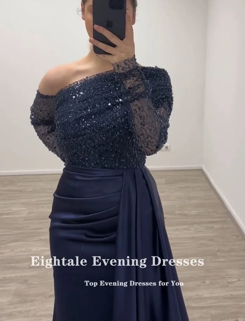 Eightale Navy Blue Evening Dress Mermaid Prom Gown Satin One Shoulder Sequined Long Sleeves Customized Wedding Party Dress