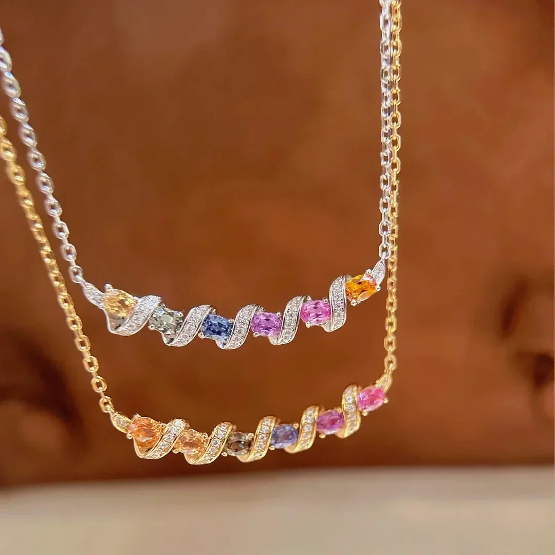 S925 Sterling Silber Halskette mit Bunten Zirkon-Edelsteinen, Schmuck-Accessoire für Damen Abendkleider und Partys – Detail 1