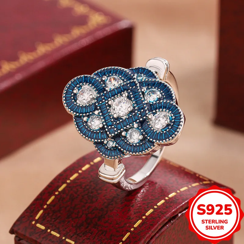 

Retro Elegant Genuine S925 Silver Blue Square Zircon Irregular Cross Women's Ring