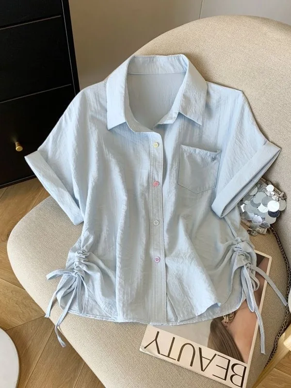 

Unique Short Shoulder Drawstring Shirt Women's Loose Fit Summer Korean Style Casual Loose Feeling Top Collar Short Sleeve
