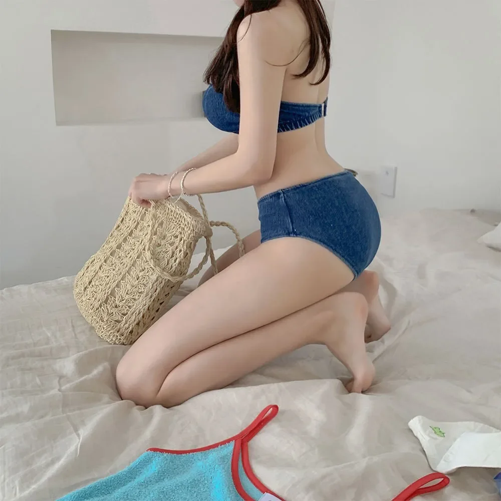Korean Japanese Style Denim Bikini Top Women's Sexy Strapless Slimming Separate Swimsuit Cover-Up Modest Back Design