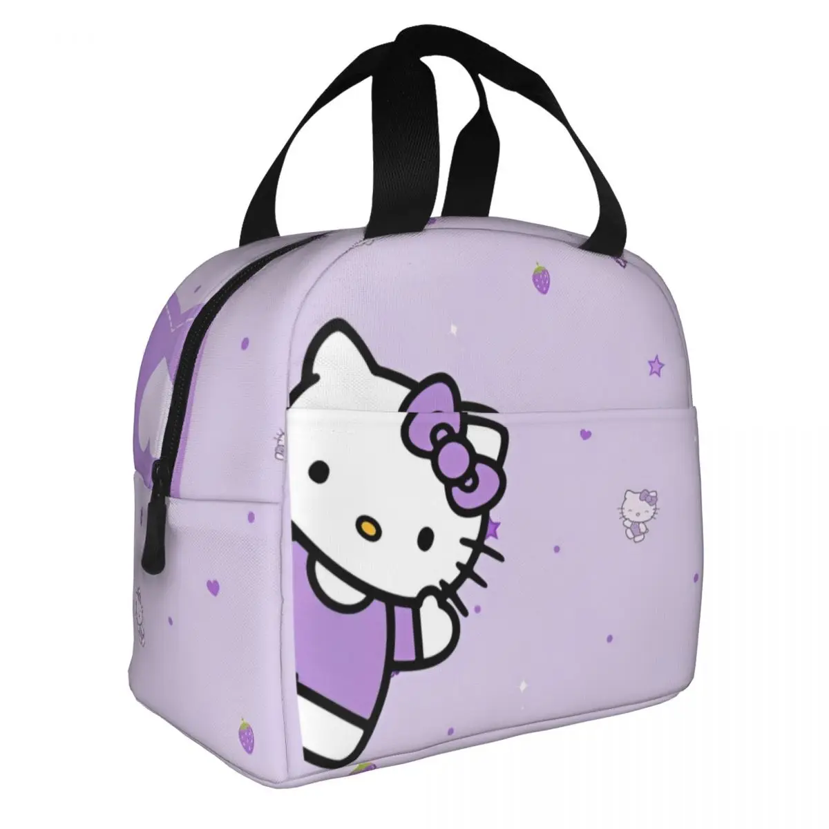 Hello Kitty Purple Heart Pattern Insulated Lunch Bag Cooler Bag  Meal Container Large Tote Lunch Box Food Handbags School Picnic