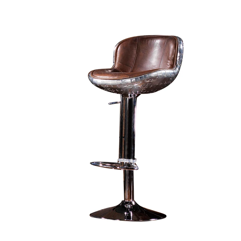 Vintage Top Grain Leather Height Adjustable Swivel Aviation Bar Stool for Kitchen Counter Club Restaurant