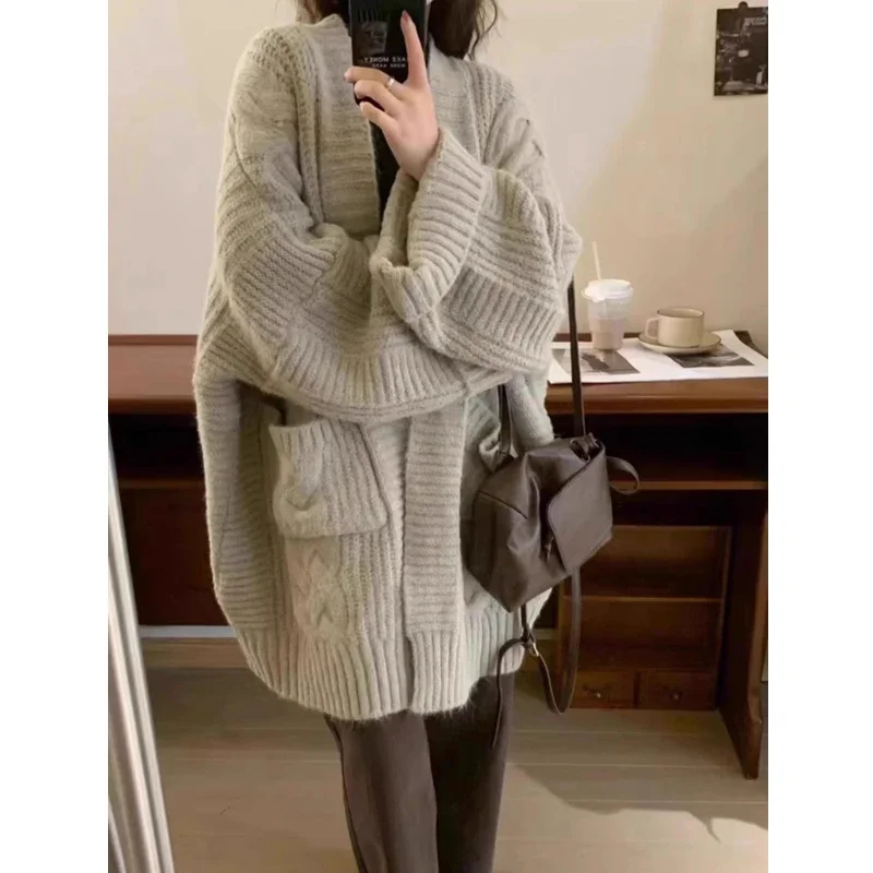 

Autumn and Winter Cardigan Medium Long Sweater Korean Loose Women's Pocket Knitted Jackets Fashion Casual Solid Knit Thick Coats