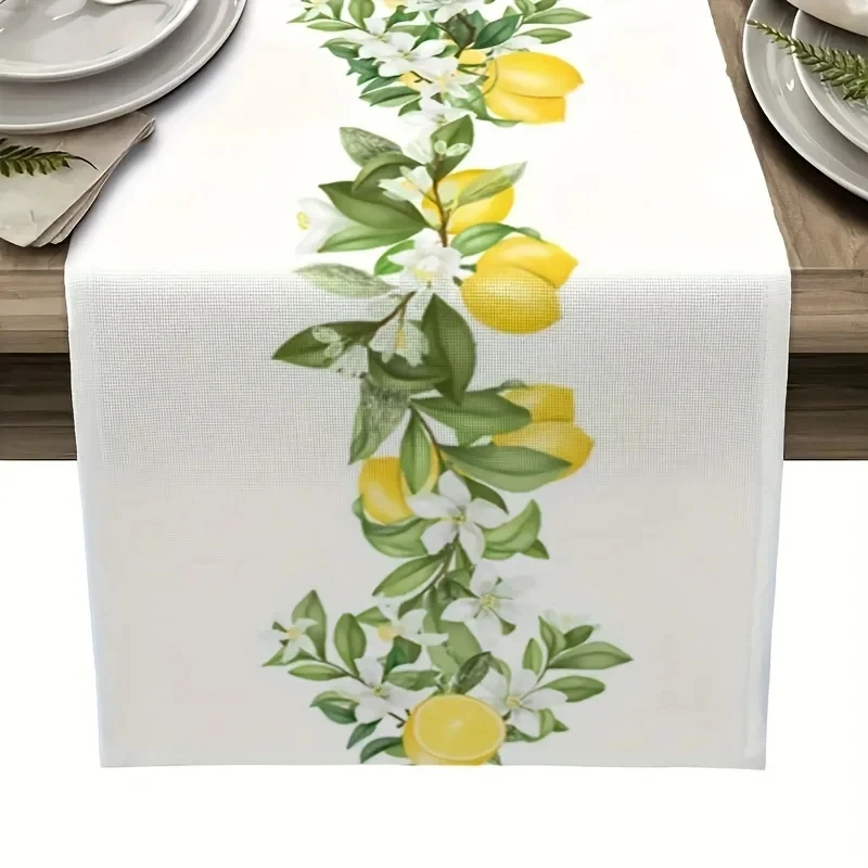 VIKAMA White Background Yellow Lemon Floral Table Runner, Heat Resistant Table Cover for Coffee Table Party Outdoor Picnic Decor