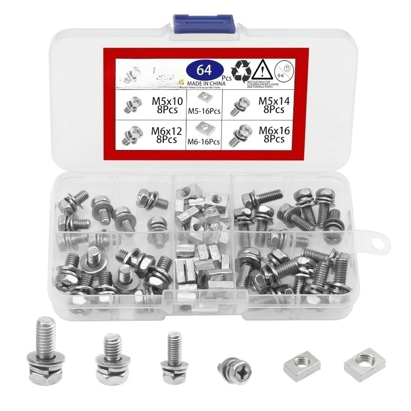 64Pcs Stainless Steel Motorcycle Battery Terminal Nut Bolt Sets M5x10/14 M6x12/16 Square Nut Screw Kit for ATV Bike Scooter