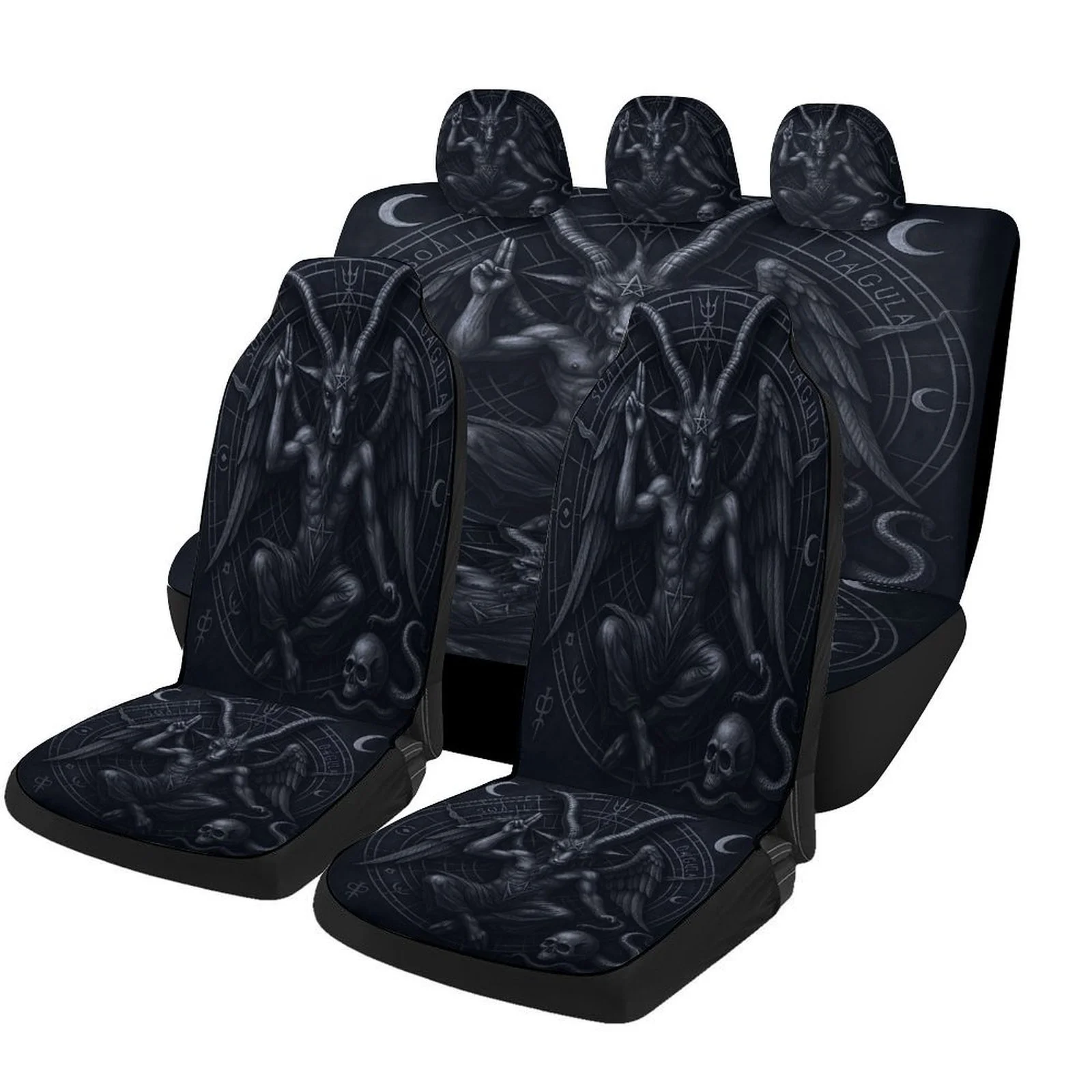 Set Of Car Seat Covers Featuring Baphomet Illustrations, Suitable For Various Vehicles. Stylish And Unique, This Complete Set In