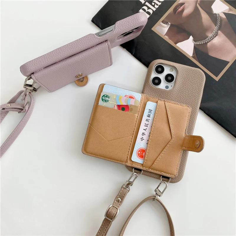 Luxury Crossbody lanyard card holder wallet leather case for iPhone 16 13 16pro 12 15 pro max 11 14 14pro 15pro Mini phone bag