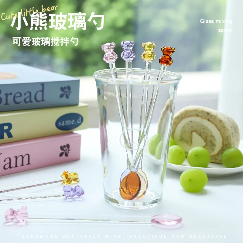Japanese Style Creative Milk Dessert Teddy Bear Spoon Colorful Transparent Glass Spoon Cute Long Handled Coffee Stirring Spoon
